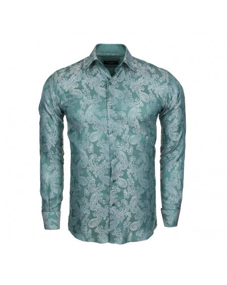 SL 446 Men's green paisley print double cuff silk shirt